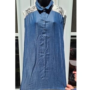 Denim Button-Up Dress with Lace Shoulders